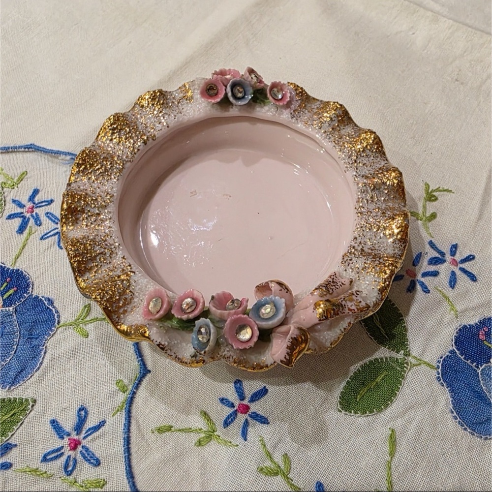 Lefton 1950’s Pink and Gold Ceramic Art Plate with Victorian Floral Design
